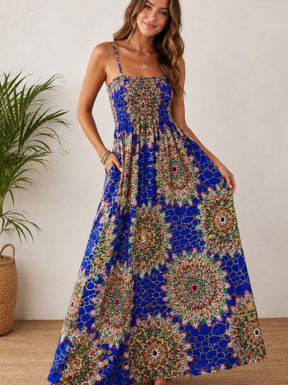 ISLE Tropical Maxi Dress S/M Blue Gold Metallic Accent Smocked Boho Resort Beach
